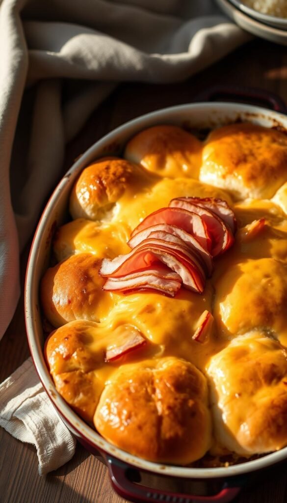Baked Ham and Cheese Hawaiian Roll Casserole