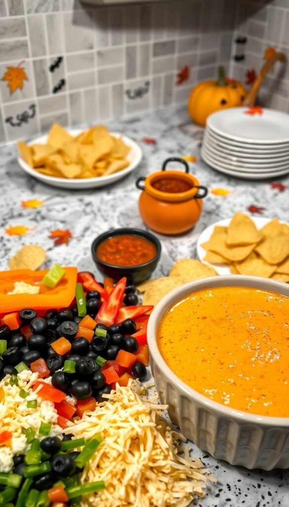 Halloween taco dip preparation Halloween taco dip preparation