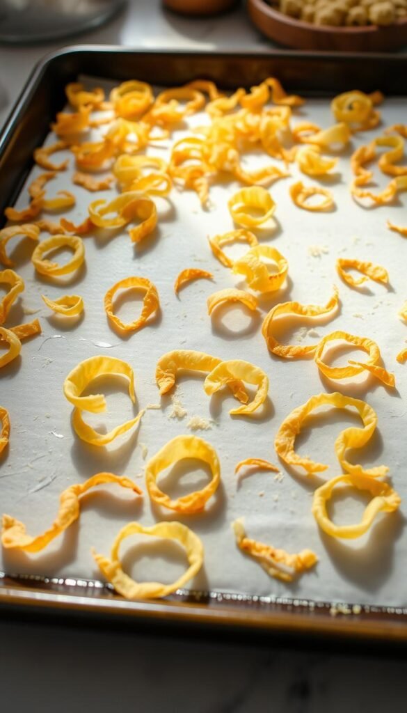 Parmesan crisps baking on a sheet Parmesan crisps baking on a sheet