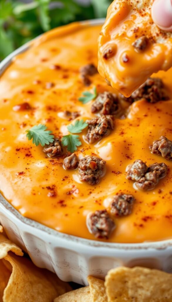 Spicy Ground Beef Queso Taco Dip