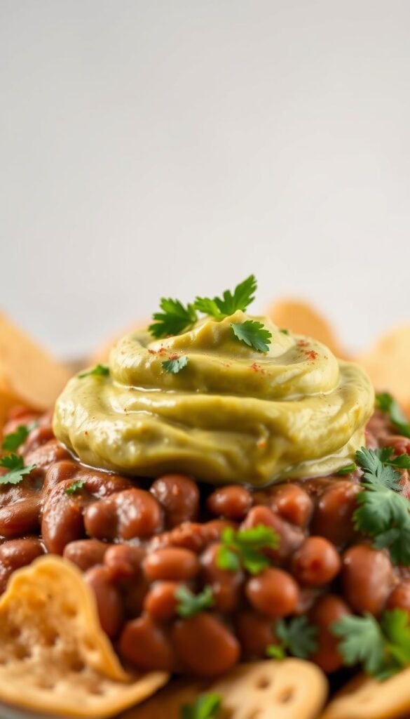 creamy avocado and refried bean taco dip