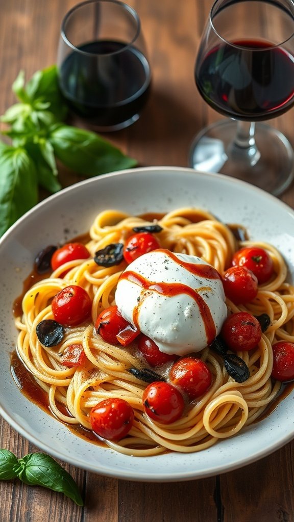 A plate of roasted cherry tomato and burrata pasta with glasses of red wine in the background.