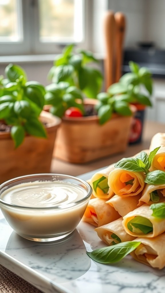 A bowl of creamy basil dipping sauce next to colorful spring rolls filled with vegetables and fresh basil.