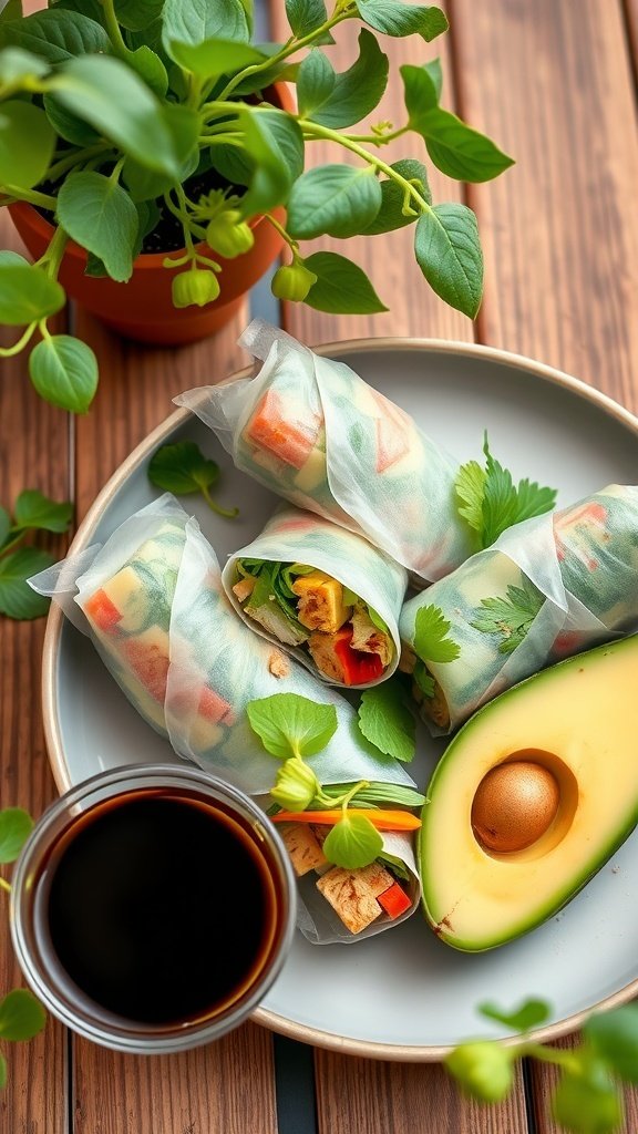 Vegan tofu and avocado spring rolls on a plate with a dipping sauce and fresh herbs.