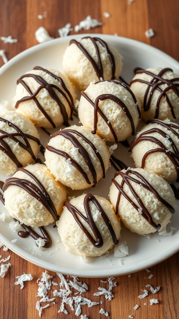 A plate of coconut macaroons drizzled with chocolate.