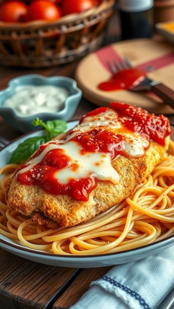 A plate of Chicken Parmesan served over spaghetti with marinara sauce and melted cheese.