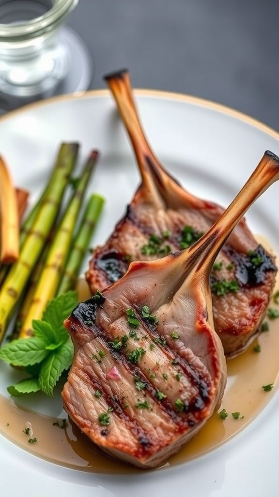 Herb-crusted lamb chops served with asparagus and mint garnish.