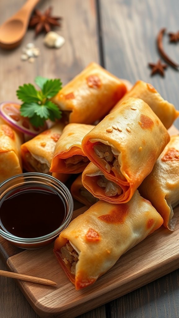 A plate of golden-brown pork spring rolls with a bowl of hoisin sauce