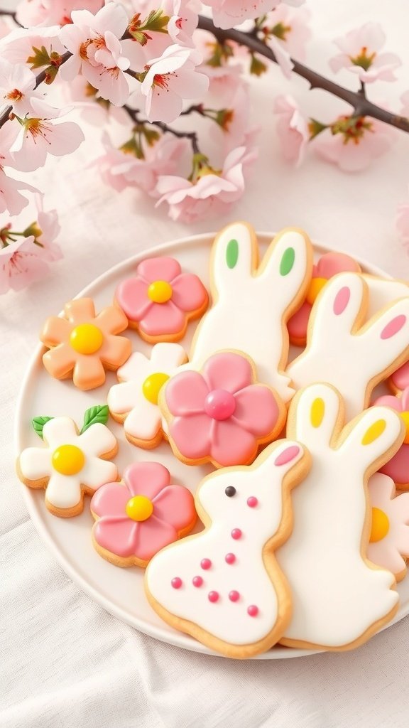 A plate of colorful spring-themed cookies shaped like bunnies and flowers, surrounded by cherry blossoms.