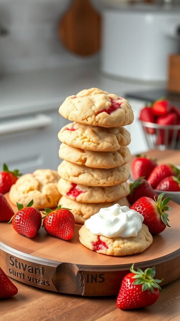 A stack of strawberry shortcake cookies surrounded by fresh strawberries and a dollop of whipped cream.