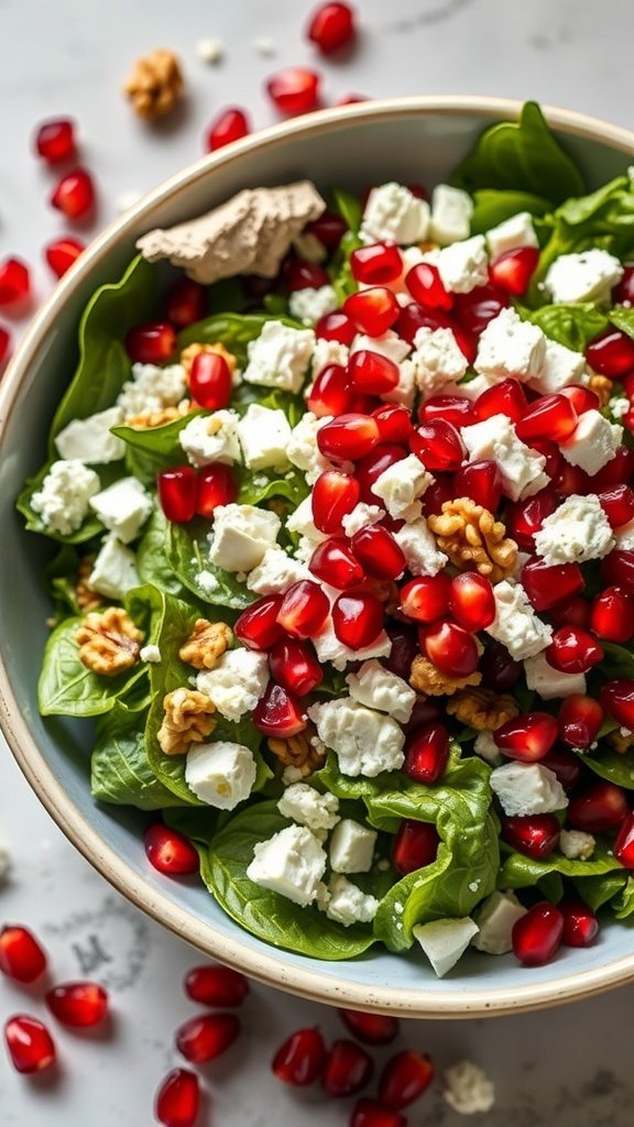A bowl of Tangy Pomegranate and Feta Spring Salad with spinach, pomegranate seeds, feta cheese, and walnuts.