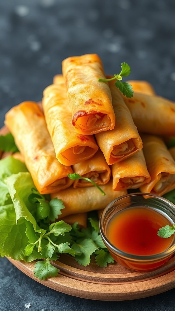 A plate of crispy Vietnamese spring rolls with fresh greens and dipping sauce