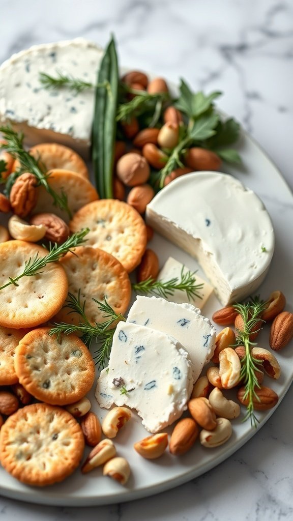 A vibrant herb-infused cheese plate featuring creamy cheeses, assorted crackers, and mixed nuts, garnished with fresh herbs.