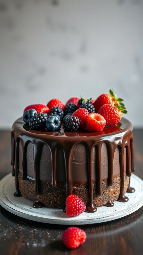 A chocolate ganache drip cake topped with fresh berries