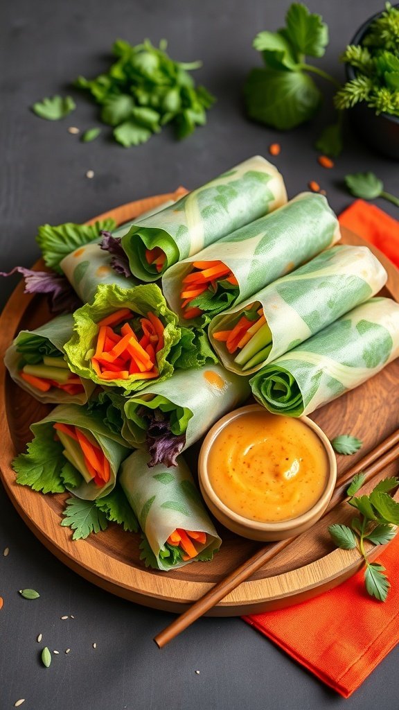 A platter of vibrant vegetable spring rolls with a dipping sauce