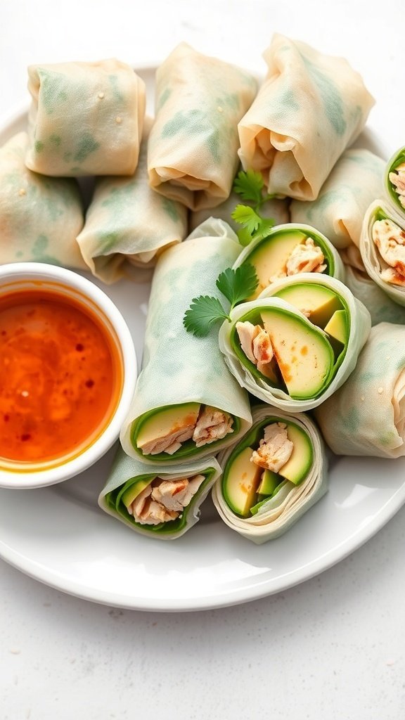 Savory chicken and avocado spring rolls with dipping sauce