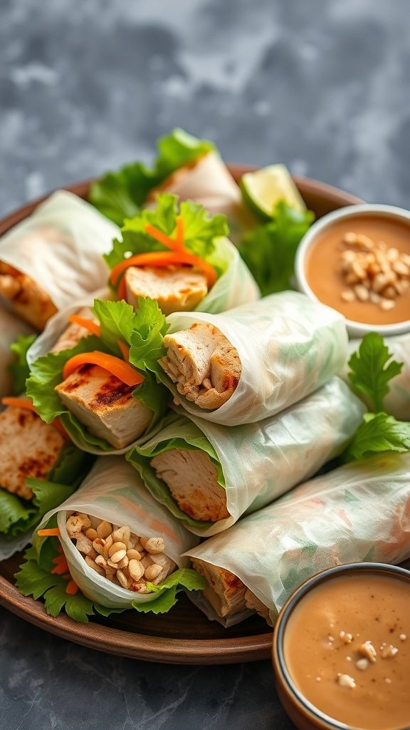 Grilled chicken spring rolls with peanut sauce on a plate
