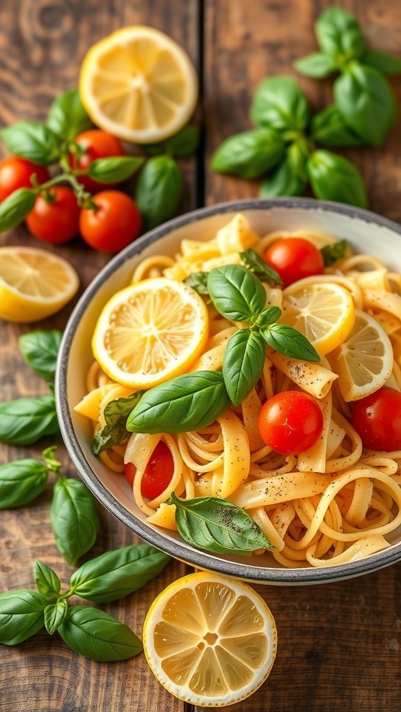A bowl of lemon basil pasta salad with cherry tomatoes and fresh basil on a wooden table.
