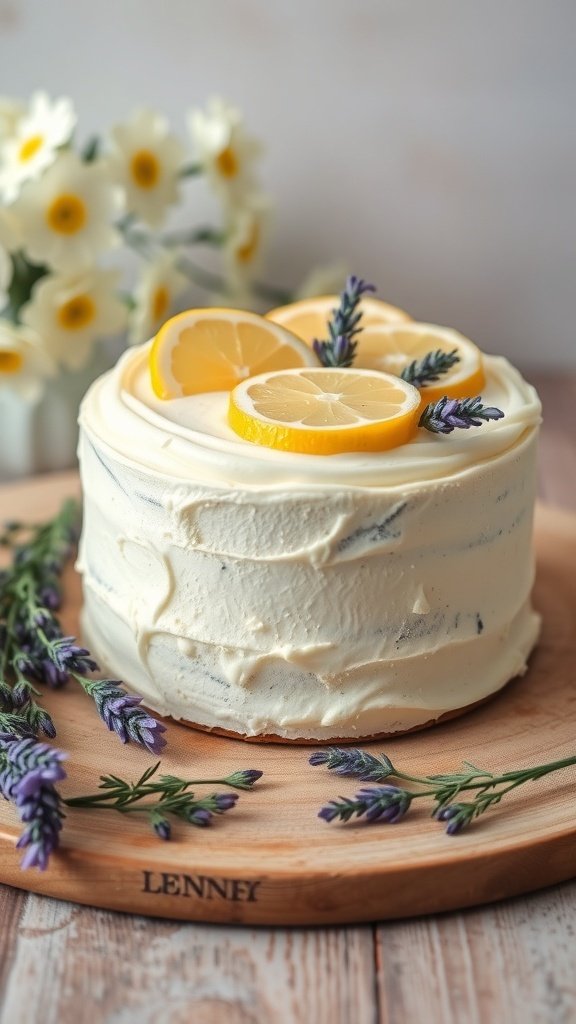 A beautifully decorated Lemon Lavender Cake topped with lemon slices and lavender sprigs, surrounded by flowers.