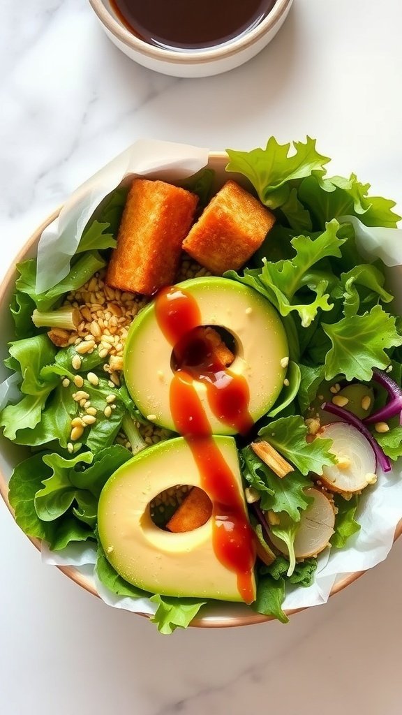 A colorful spring roll bowl featuring crispy tofu, avocado slices, mixed greens, and sesame seeds.
