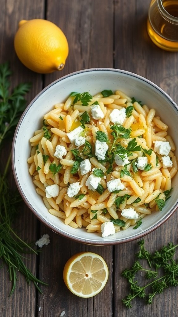 A bowl of spring herb and feta orzo pasta with lemon and fresh herbs.