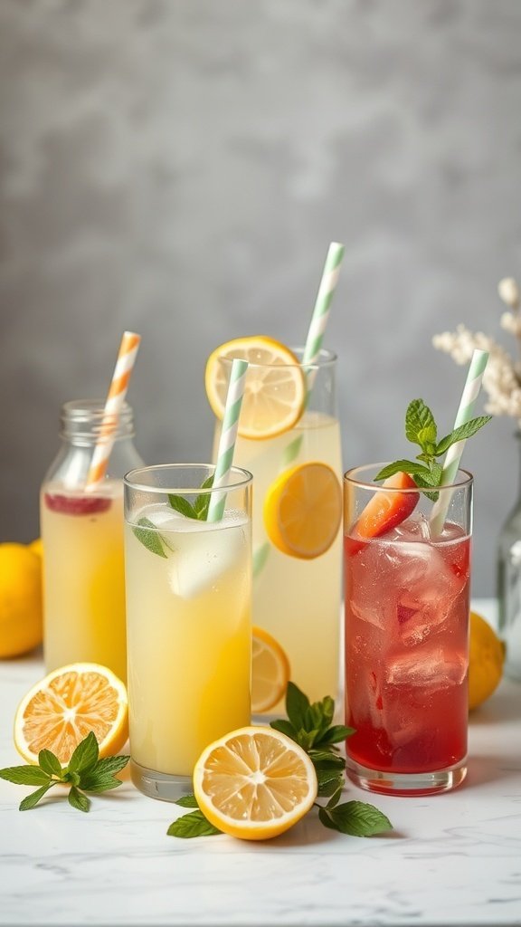 A vibrant lemonade bar featuring various lemonades in glasses with fresh lemon slices and mint leaves.