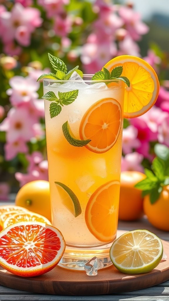 A refreshing citrus spritzer with orange and lime slices, garnished with mint leaves, surrounded by fresh citrus fruits and flowers.