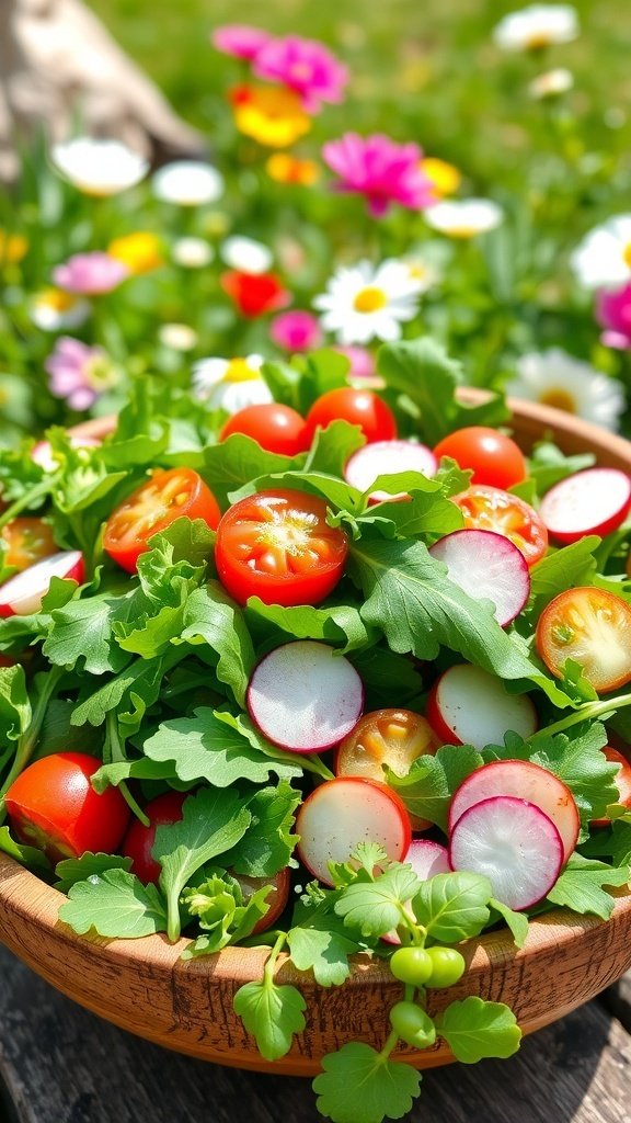 A vibrant spring salad with mixed greens, cherry tomatoes, and radishes in a wooden bowl, surrounded by colorful flowers.