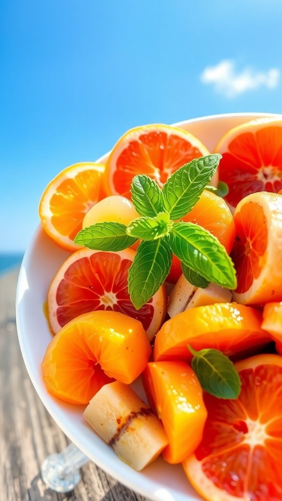 A vibrant bowl of citrus salad with oranges, blood oranges, and mandarins garnished with mint leaves.