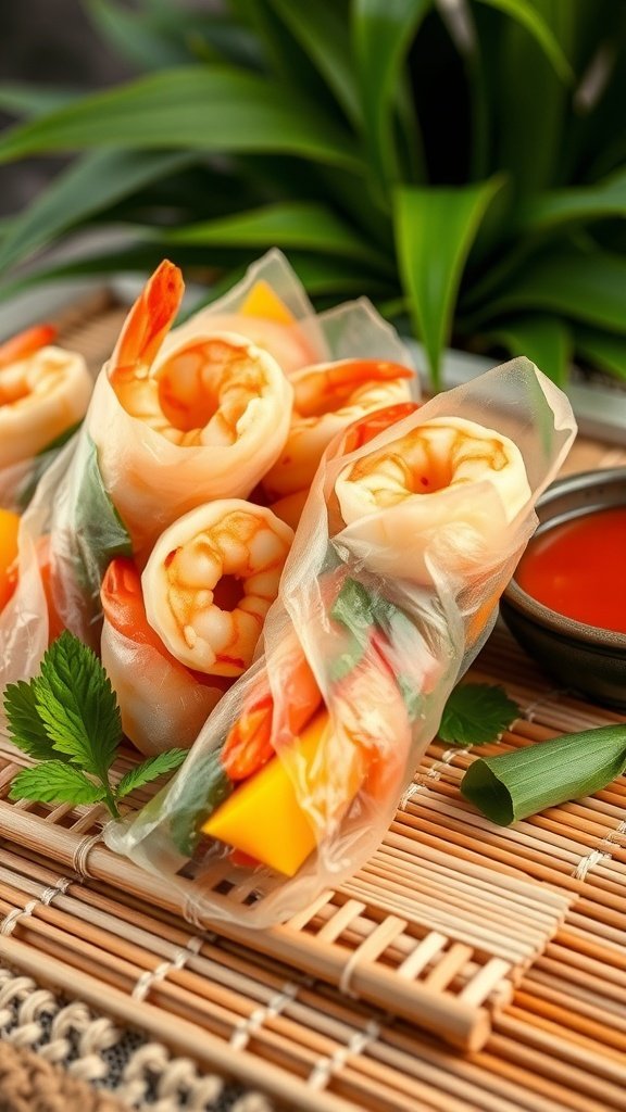Spicy shrimp spring rolls with mango, fresh ingredients, and a dipping sauce