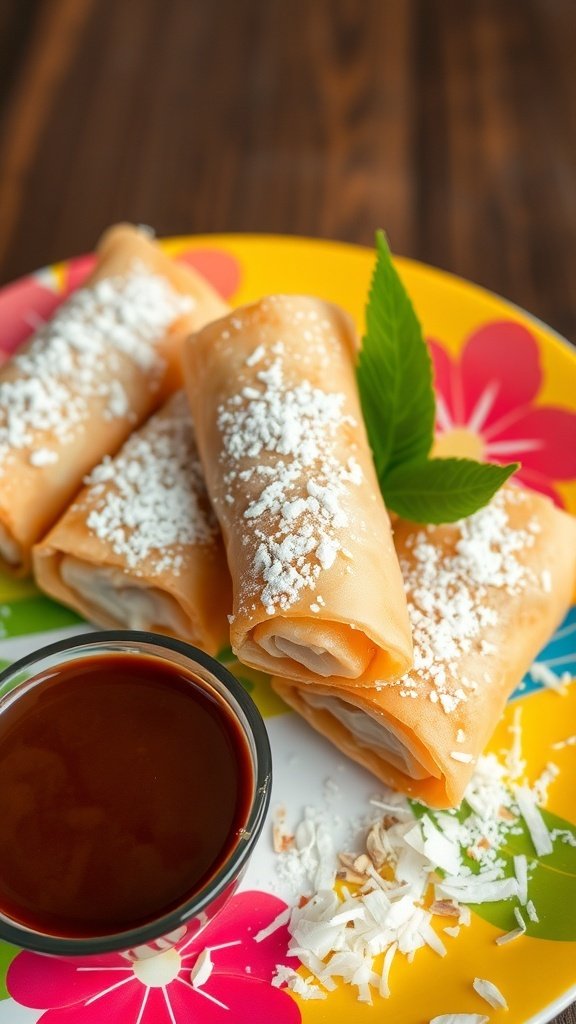 Almond and coconut spring rolls on a colorful plate with dipping sauce