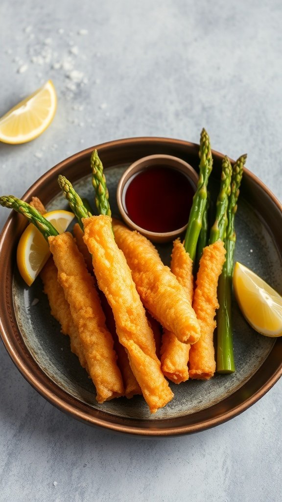 A plate of crispy asparagus tempura with dipping sauce and lemon wedges.