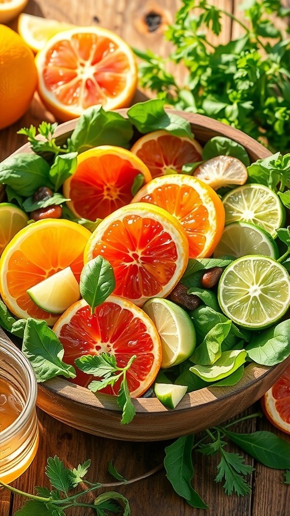 A colorful bowl of citrus spring mix salad with honey-lime dressing, featuring slices of oranges and limes.
