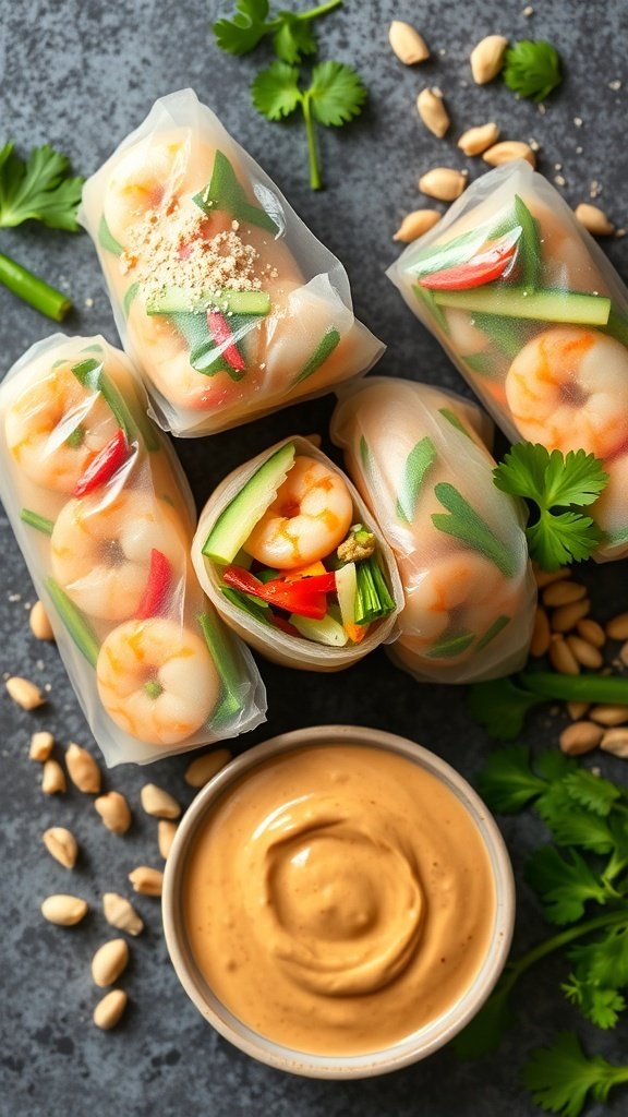 Spicy Thai shrimp spring rolls with peanut dipping sauce