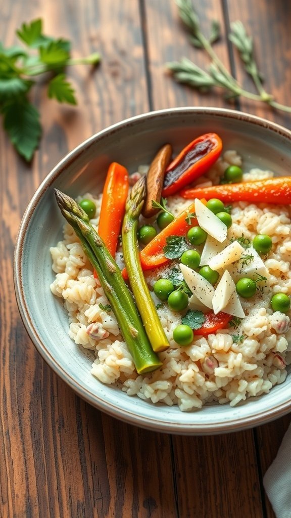A bowl of spring vegetable risotto with asparagus, bell peppers, and peas on a wooden table.