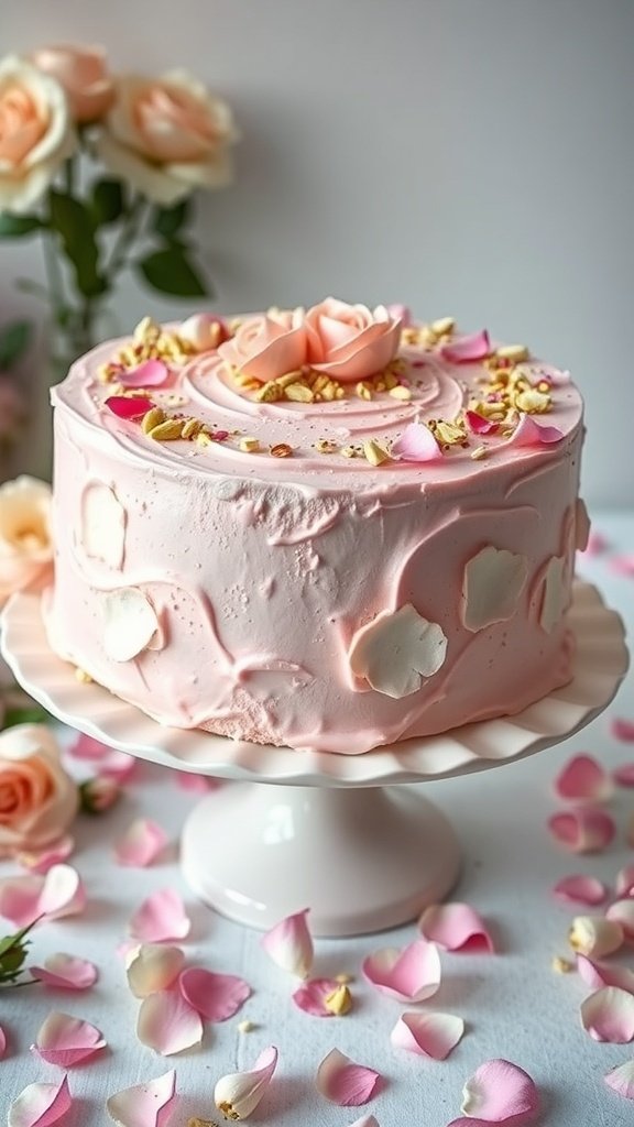 A beautifully decorated pistachio rose cake with pink frosting and rose petals on a cake stand.