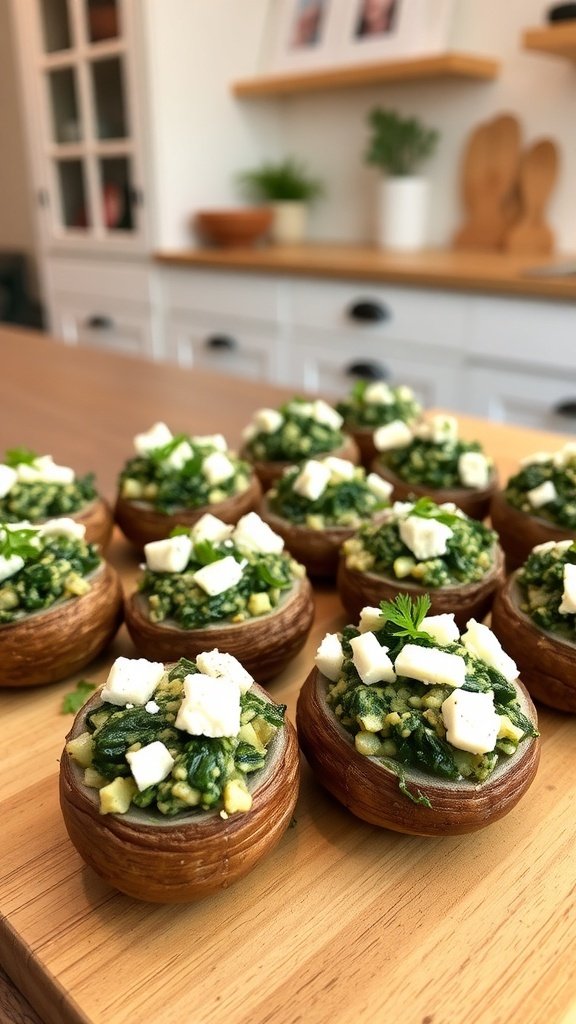 Savory spinach and feta stuffed mushrooms on a wooden board