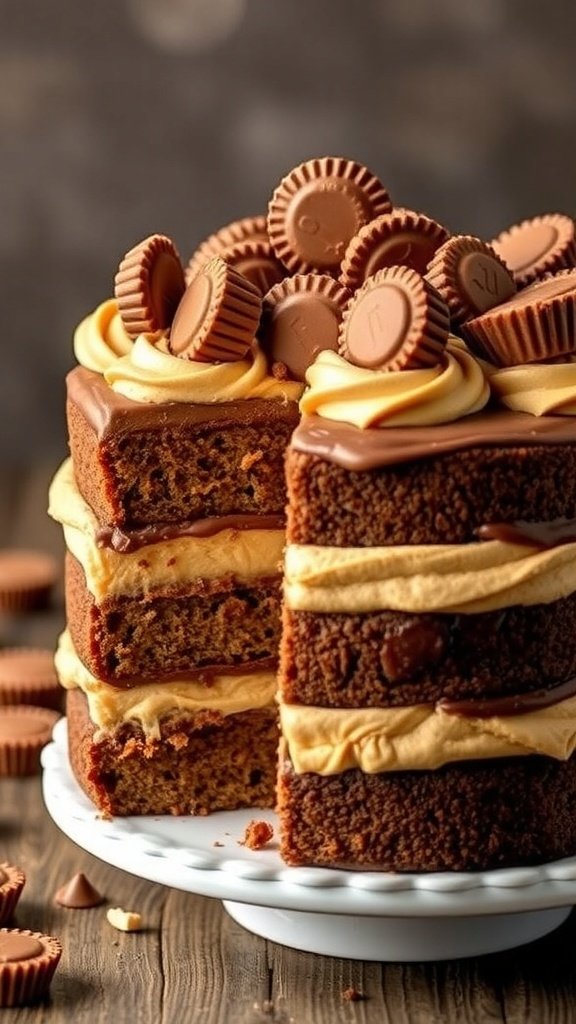 A tall layered peanut butter cup cake with frosting and mini peanut butter cups on top.