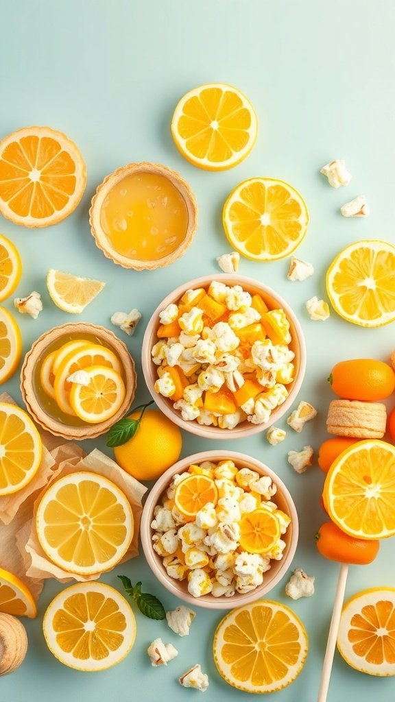 A colorful display of lemon-themed snacks including popcorn, lemon slices, and lemon candies.