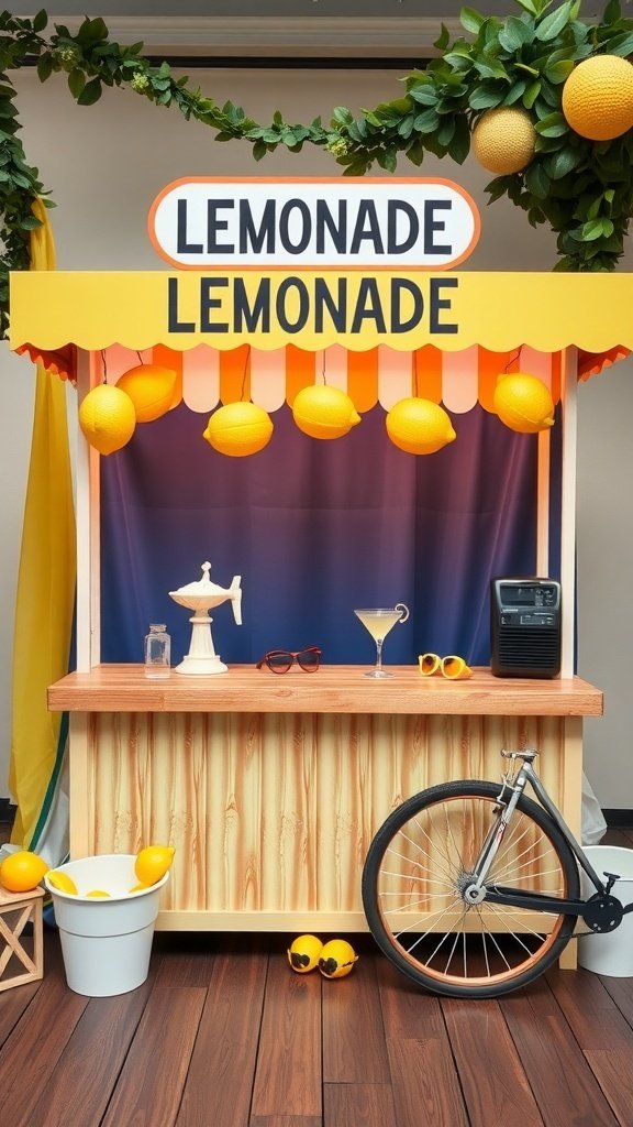 A colorful lemonade stand photo booth with lemons, a pitcher, and fun props.