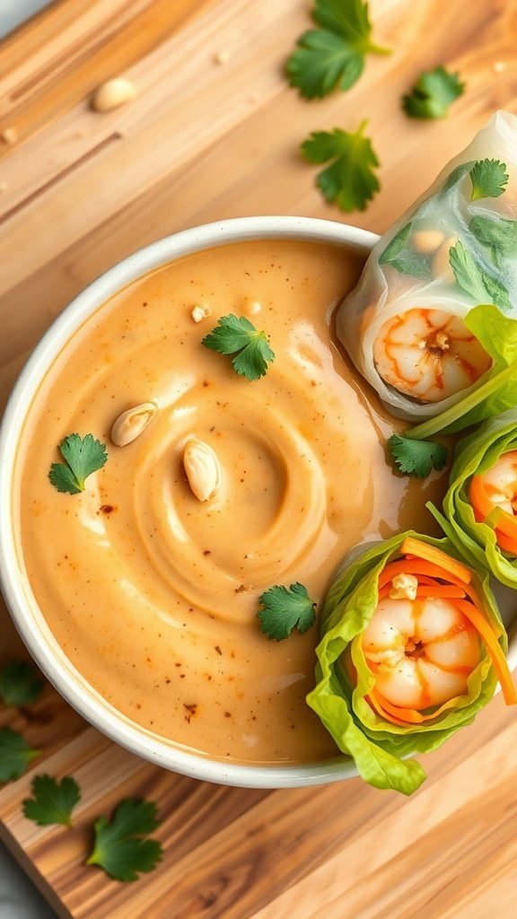 A bowl of creamy peanut sauce with spring rolls filled with shrimp and vegetables, garnished with cilantro.