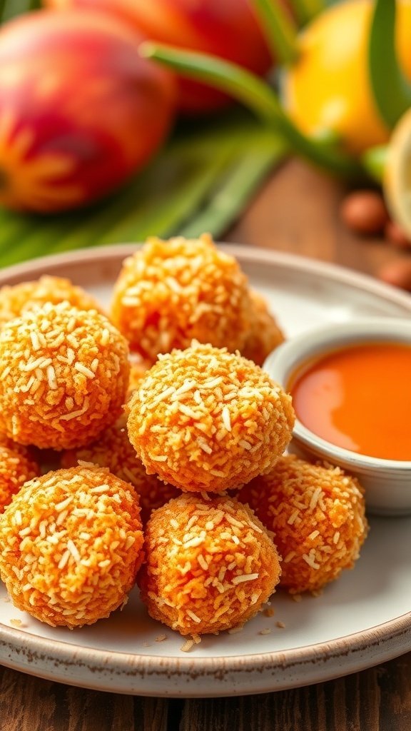 Plate of crispy coconut chicken bites with a dipping sauce