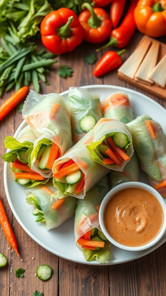 A plate of fresh veggie spring rolls with a side of dipping sauce surrounded by fresh vegetables.