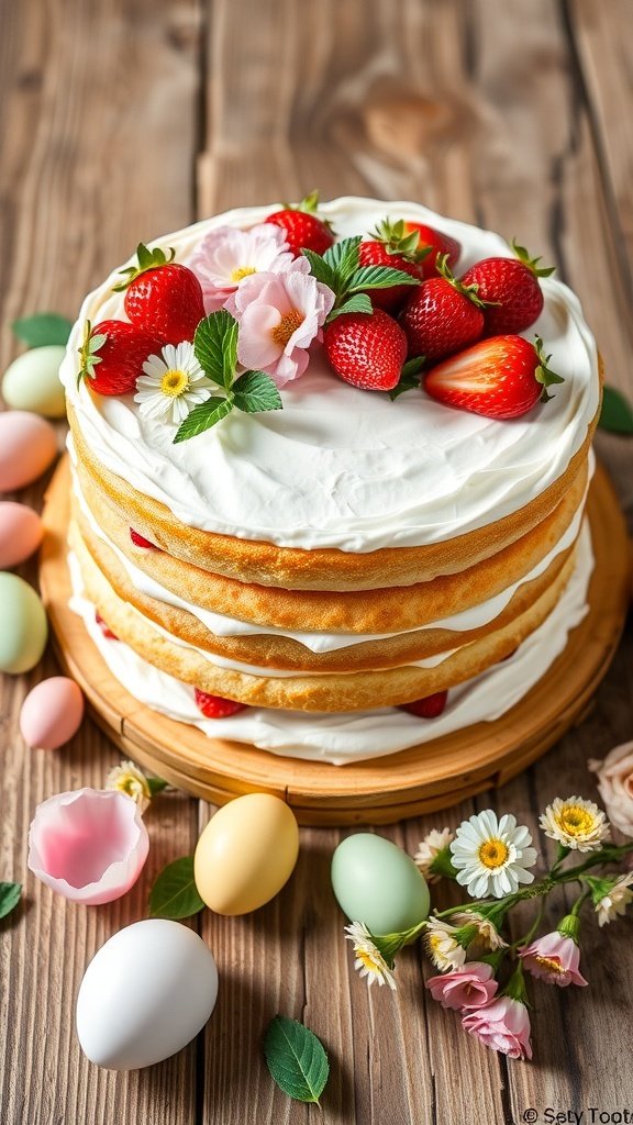 A fluffy layered cake decorated with strawberries and edible flowers, surrounded by colorful eggs.
