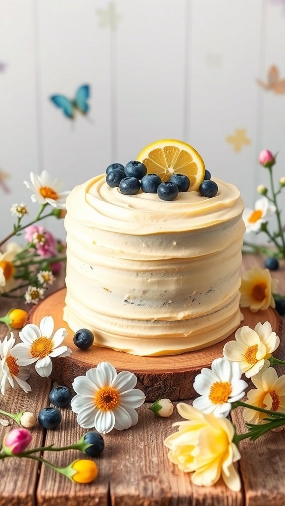 A beautiful lemon blueberry layer cake decorated with blueberries and a lemon slice, surrounded by spring flowers.