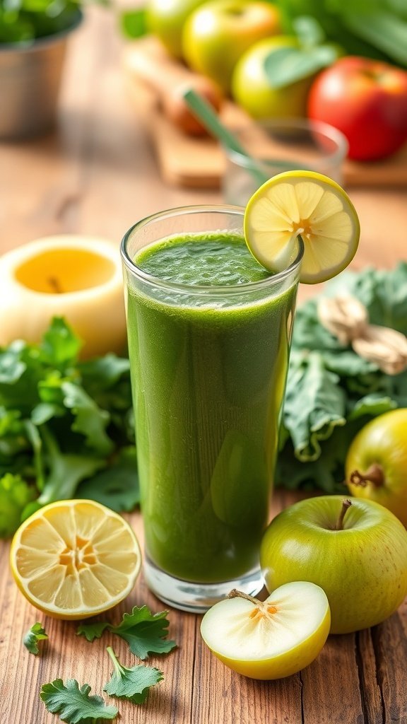 A refreshing glass of green juice with lemon, surrounded by fresh fruits and greens.