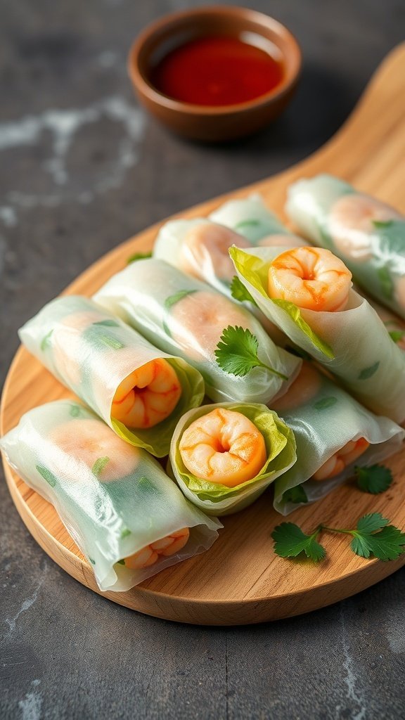 A plate of classic Vietnamese shrimp spring rolls with a dipping sauce.