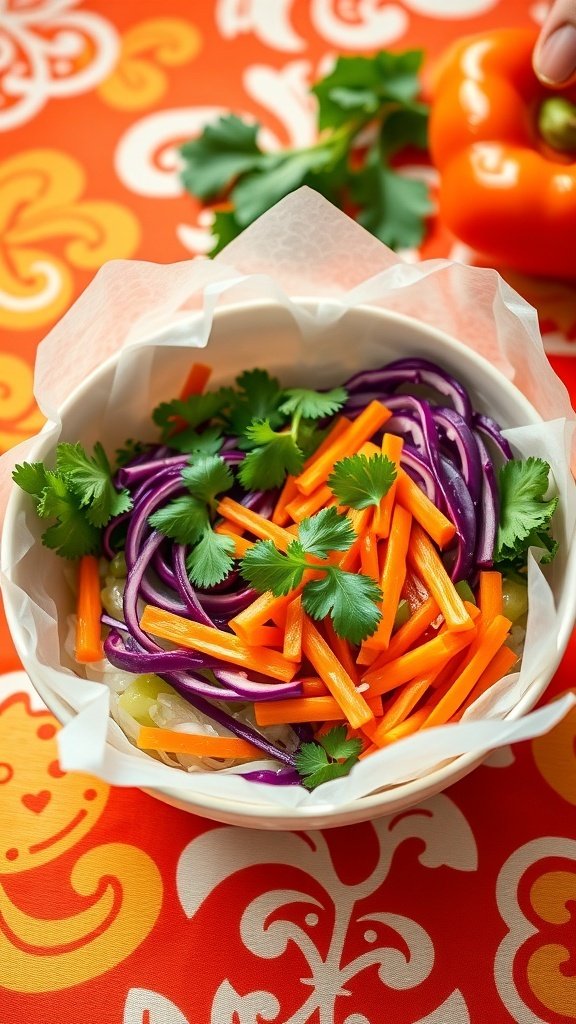 A colorful vegan spring roll bowl with purple cabbage, carrots, and cilantro, set against a vibrant orange background.