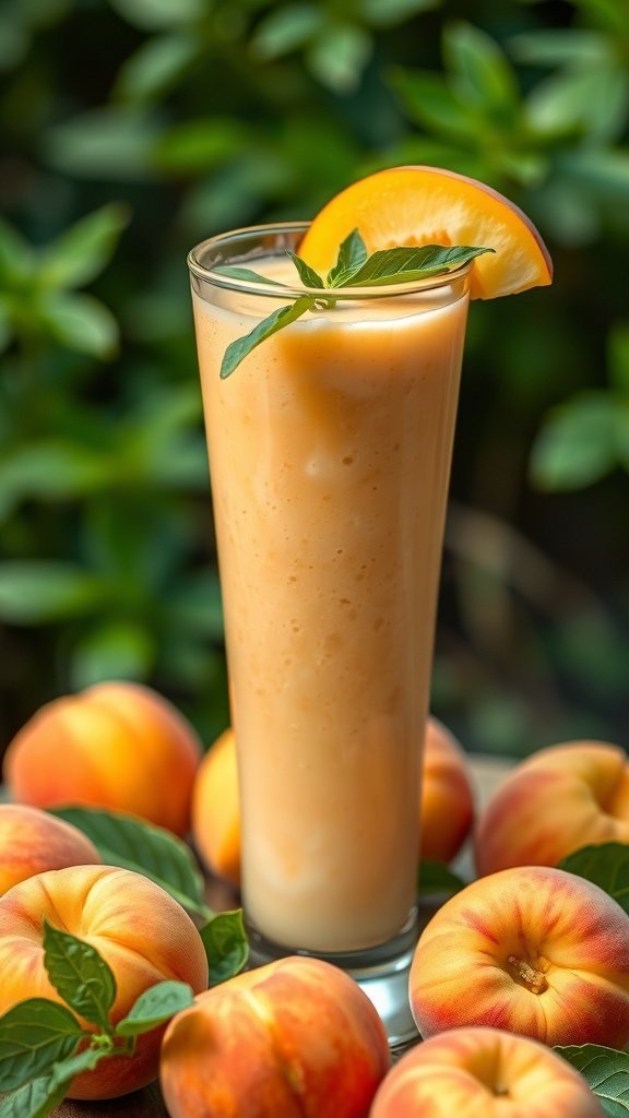 A refreshing peach smoothie garnished with a peach slice and mint, surrounded by fresh peaches.