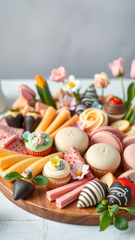 A colorful spring charcuterie board filled with sweets like macarons, cupcakes, and chocolate-covered strawberries.